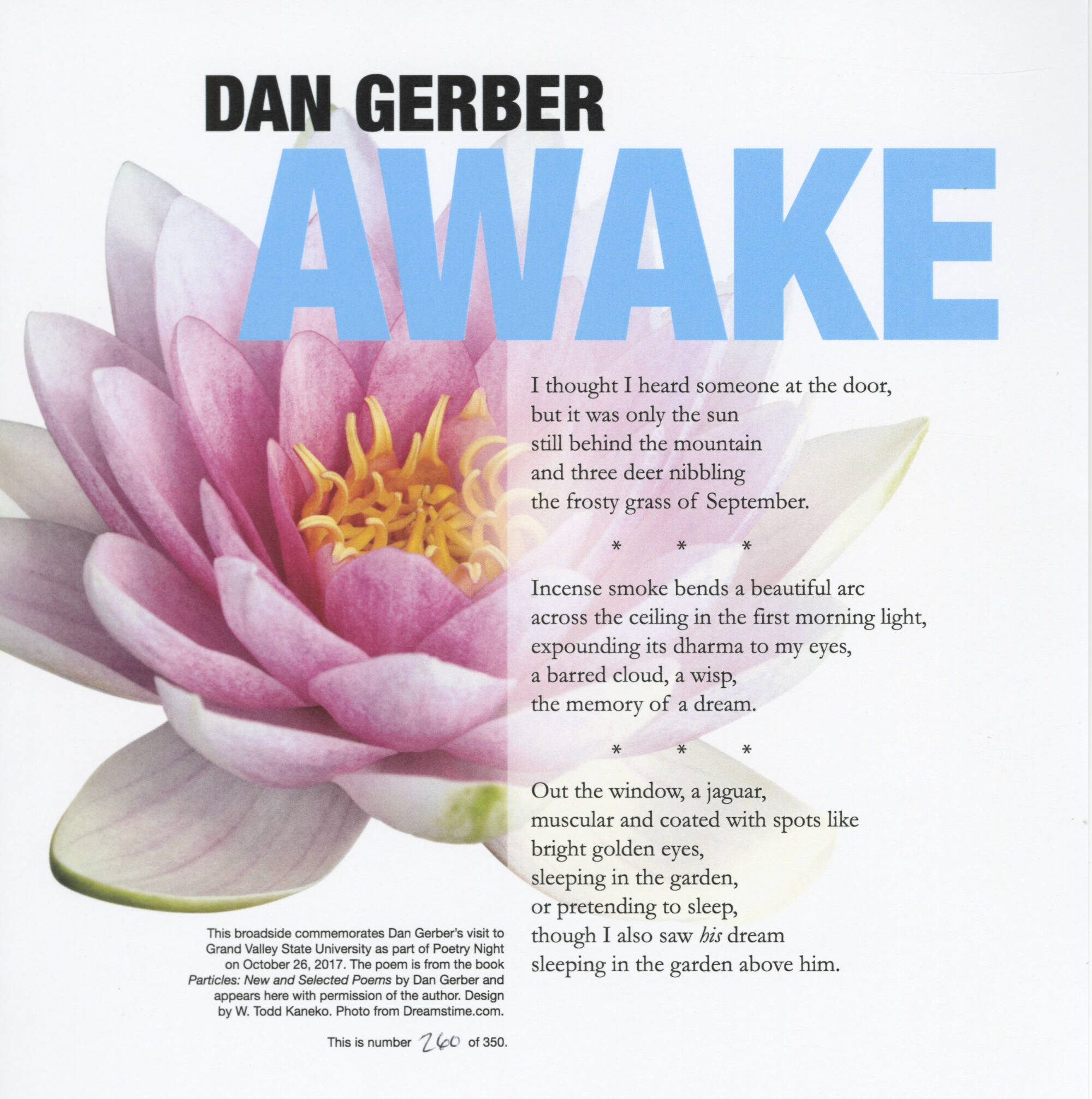 Poem by Dan Gerber titled "Awake" with the image of a pink and white lotus flower.
